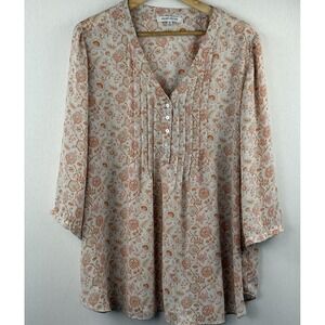Rose + Olive Womens Popover Blouse  2X Pleated Floral Flowy Career Casual‎ Comfy